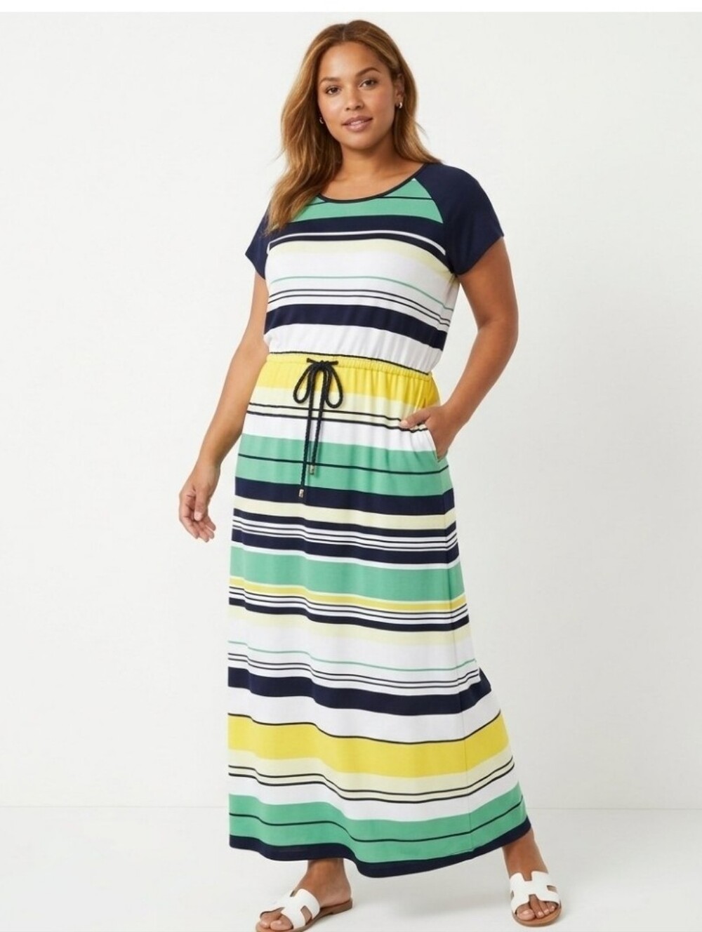 Jones New York Blue Green Stripe Stretch Jersey Drawstring Maxi Dress Cotton L